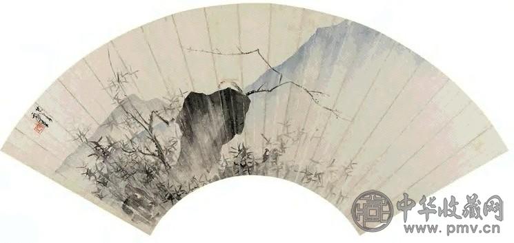 马逸 雀棲梅石图 扇面