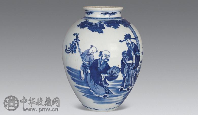 清乾隆 青花三星人物太白罐