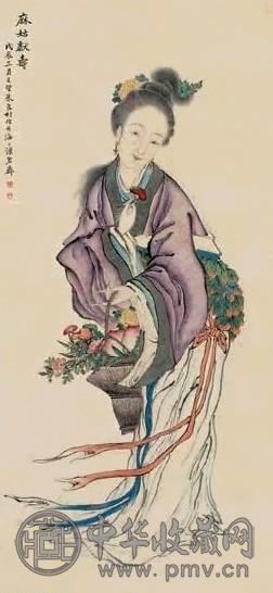 朱良才 1928年作 麻菇献寿 立轴 设色纸本