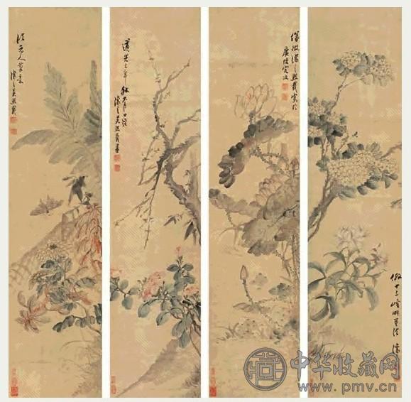 吴熙载 1823年作 花卉 四屏 设色纸本