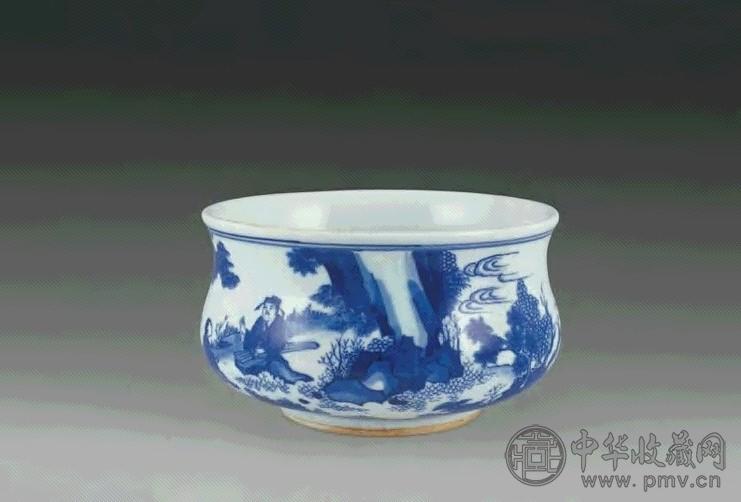 清 青花山水人物纹炉