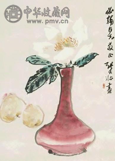 张大壮 瓶花水果 立轴 设色纸本