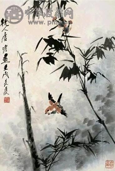 唐云 竹雀图 立轴 设色纸本