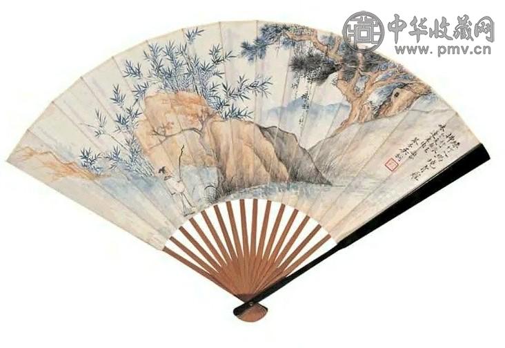 吴琴木 竹径行吟图 行书 扇面 十六档 设色纸本