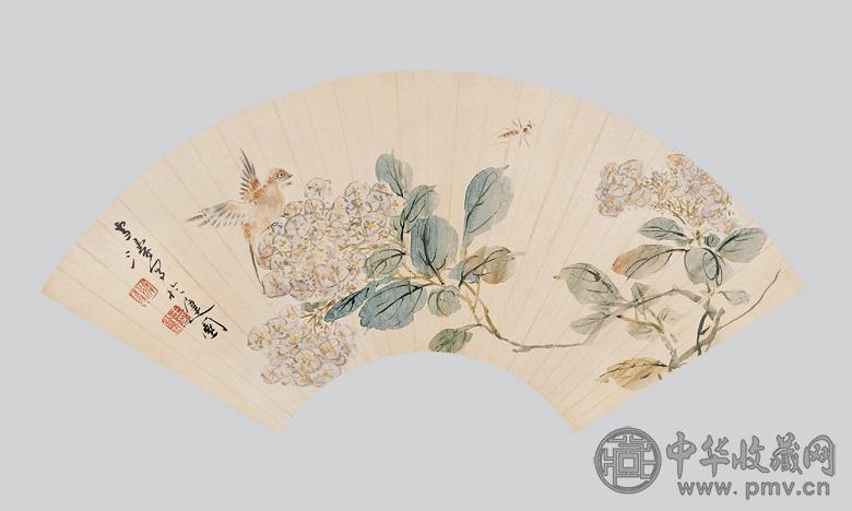 王雪涛 冯恕 花虫 书法 扇面 纸本