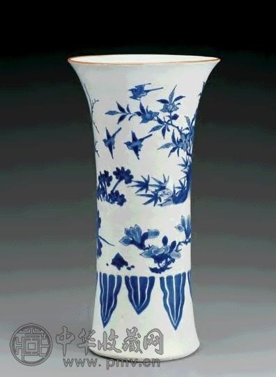 清顺治 青花花鸟蕉叶纹花觚