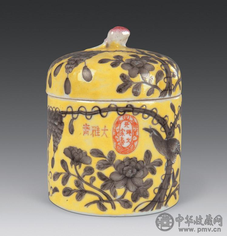 清光绪 黄地粉彩花鸟温酒壶