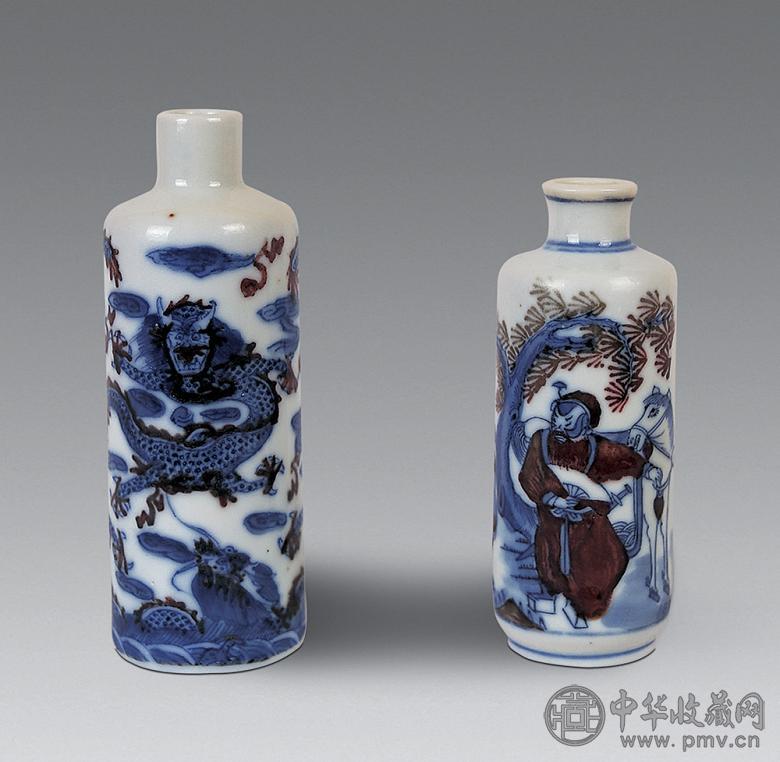 清 青花釉里红人物云龙纹烟壶(2件)