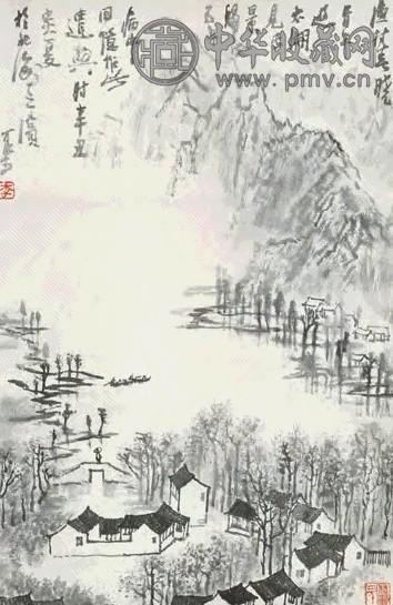 李可染 1961年作 渔村春晓图 立轴 水墨纸本