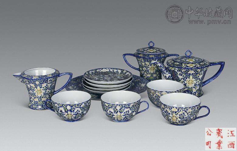 民国 蓝地粉彩宝相花茶壶 茶具(1套)