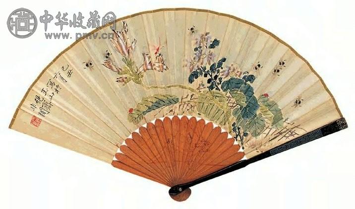 于非闇 乙丑(1925)年作 花卉草虫、书法 成扇 纸本设色