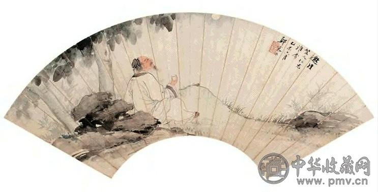 郑慕康 1955年作 邀月图 行书 双挖 扇面 设色笺本