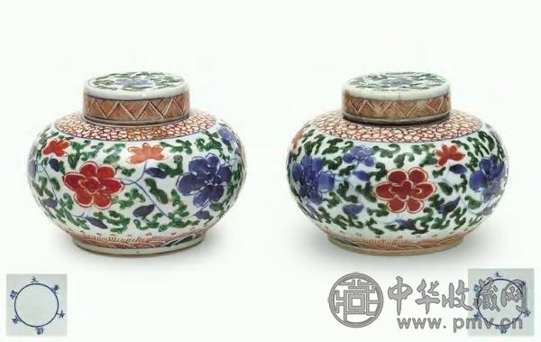 清 青花五彩缠枝花卉纹盖罐(2件)