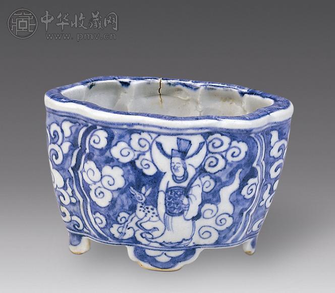 明 青花人物纹瓜楞炉