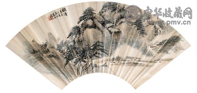 袁匋厂 听涛 成扇 设色纸本