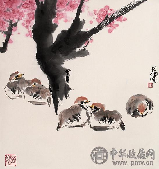 钱行健 梅间栖禽图 立轴 设色纸本