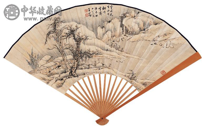 王同愈 刘春霖 庚辰(1940年)作 辋川雪霁 楷书 成扇 设色纸本