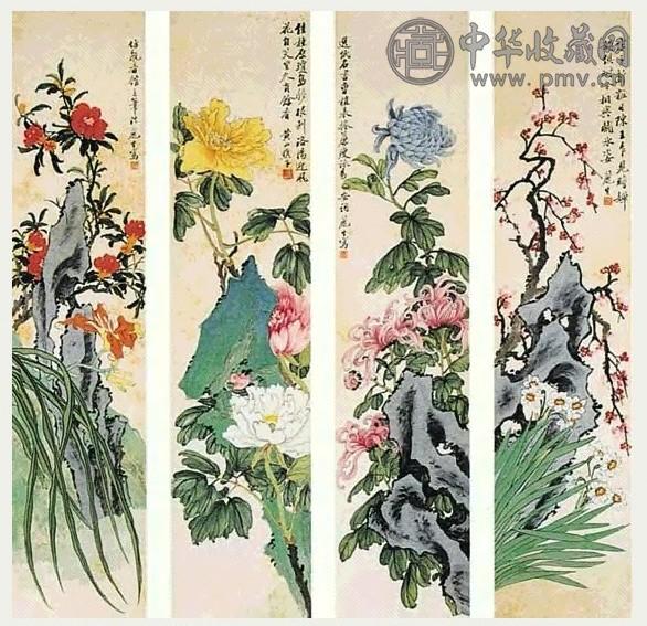 黄山寿 花卉 四屏