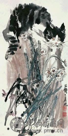 石齐 猫 镜心 设色