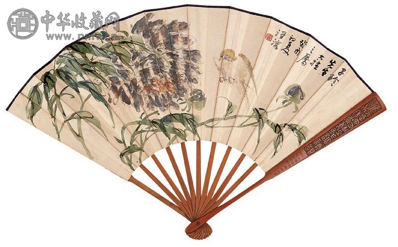 汪溶 癸酉(1933年)作 芍药飞禽 成扇 设色纸本