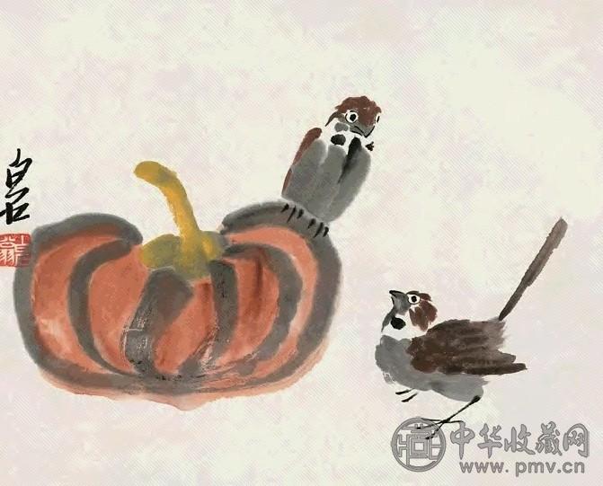 齐白石 南瓜小鸟 镜心 设色纸本