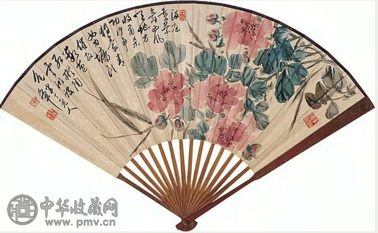 陈半丁 花卉书法 成扇 设色纸本