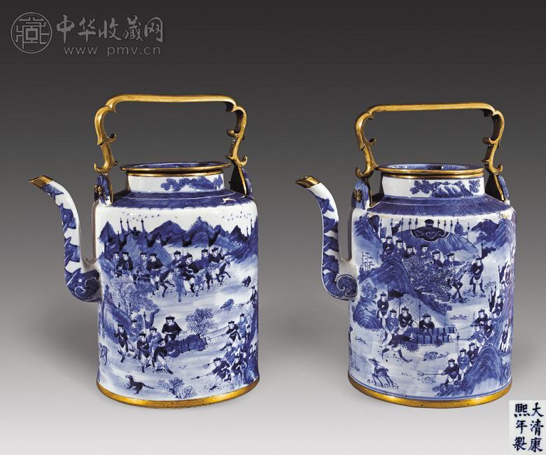 清光绪 青花狩猎图纹茶壶(1对)