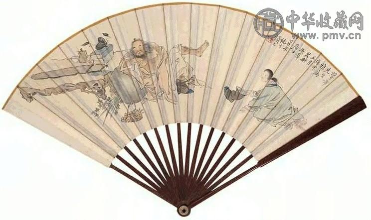 颜元 钟馗醉酒图 楷书 扇面 设色金笺