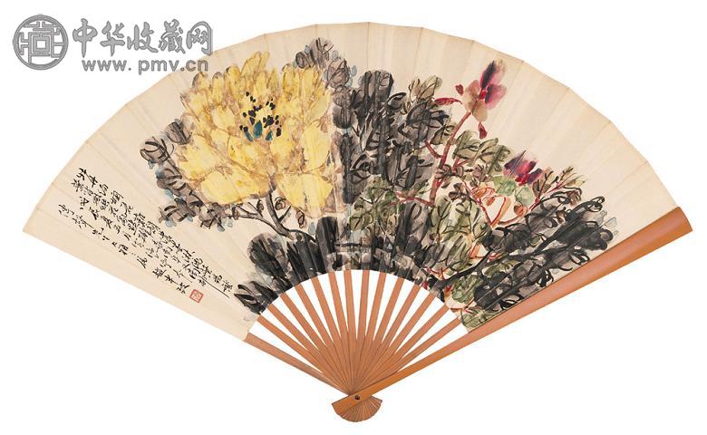 赵润 周蔓云 1928年作 春风牡丹图 行书 成扇 设色纸本