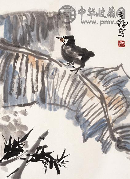 李苦禅 芭蕉麻雀图 立轴 设色纸本