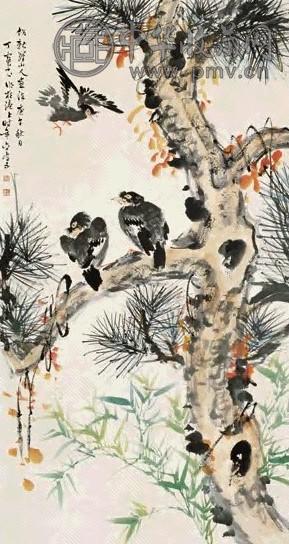 丁宝书 1930年作 松竹八哥 镜心 设色纸本