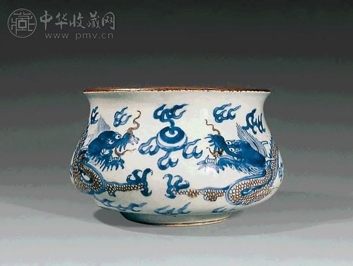 清 青花釉里红二龙戏珠香炉