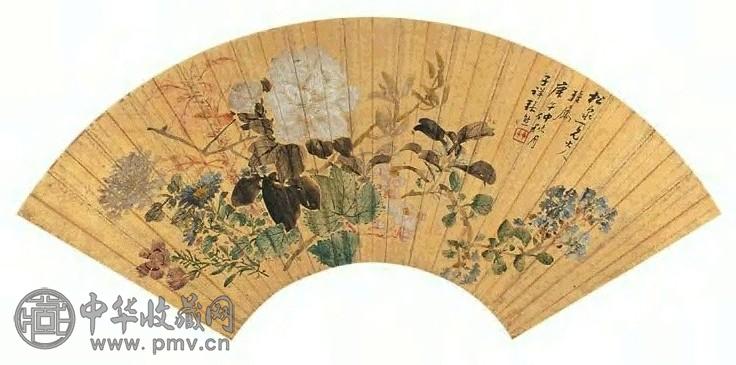 张熊 繁英铺锦 扇面 设色泥金