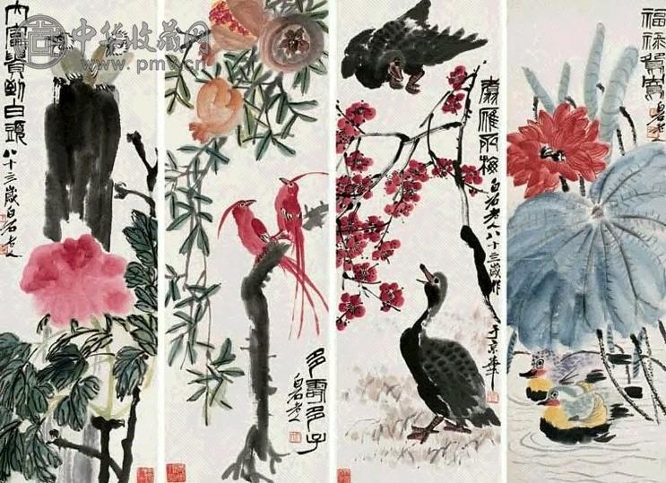 齐白石 花鸟 四屏 设色纸本