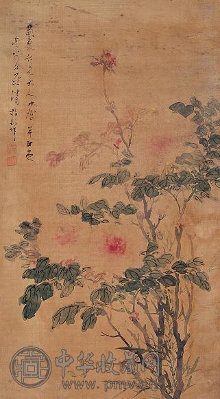 罗清 指墨花卉 立轴 绢本设色