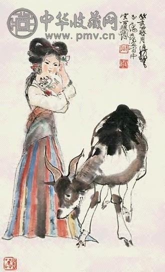 程十发 少女与鹿 片 设色纸本