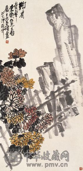 吴昌硕 1915年作 菊石图 立轴 设色纸本