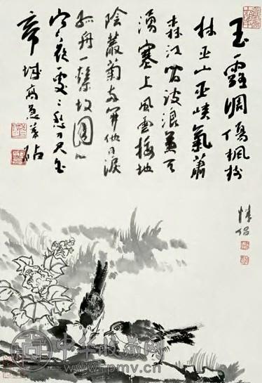 陆俨少 蜀葵情侣图 立轴双挖 水墨纸本