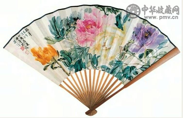 孔小瑜 花卉 书法 扇面 纸本