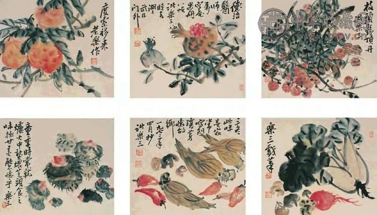 诸乐三 花卉蔬果 册页(8开选6) 设色纸本