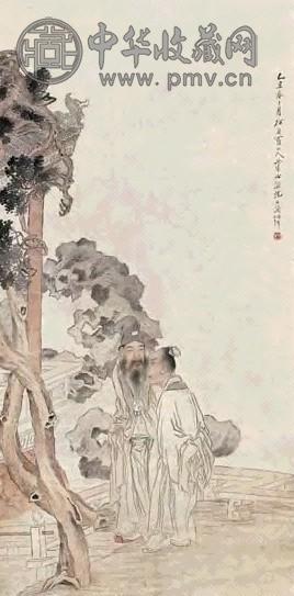 沈兆涵 松荫闲话 立轴 设色纸本