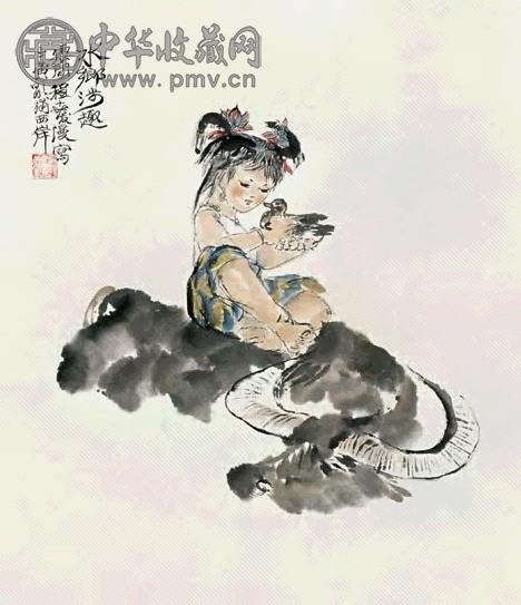 程十发 水乡涉趣 立轴 设色纸本