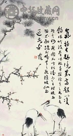 于右任 梅花松鹤图 立轴 设色纸本