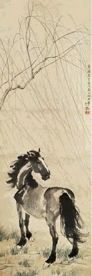 徐悲鸿 柳下神骏 立轴 设色纸本