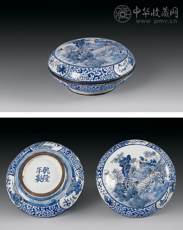 清乾隆 铜胎画珐琅山水人物纹印盒