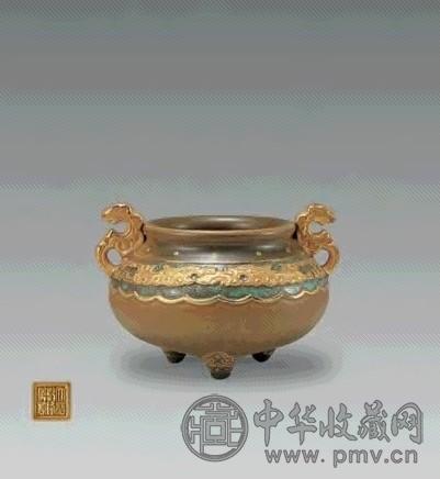 清乾隆 古铜釉描金双耳炉