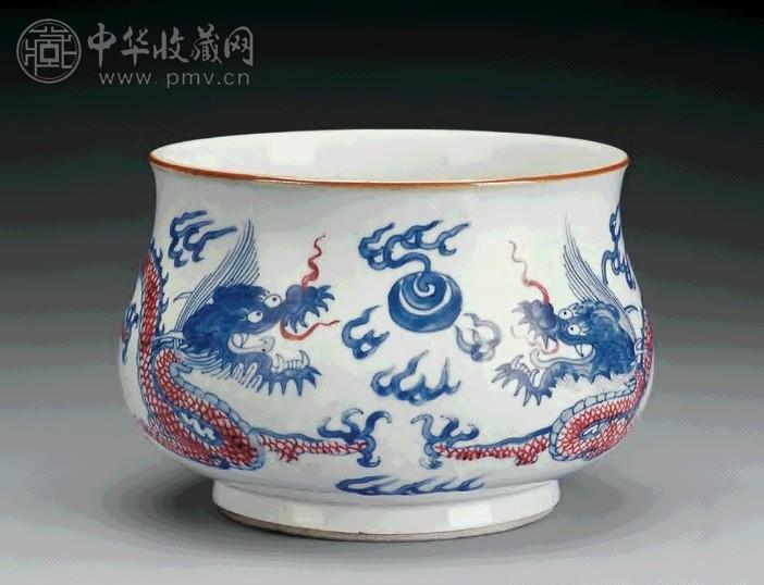清康熙 青花釉里红龙纹炉