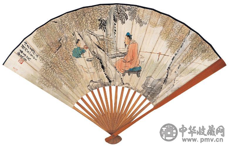 沙佐 人物 成扇 设色纸本