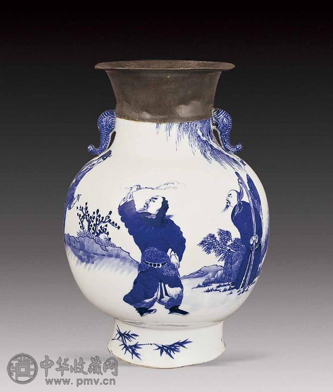 清 青花人物象耳尊