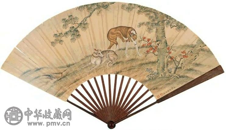 郎士宁 桐荫双犬图并楷书御制诗 成扇 设色纸本